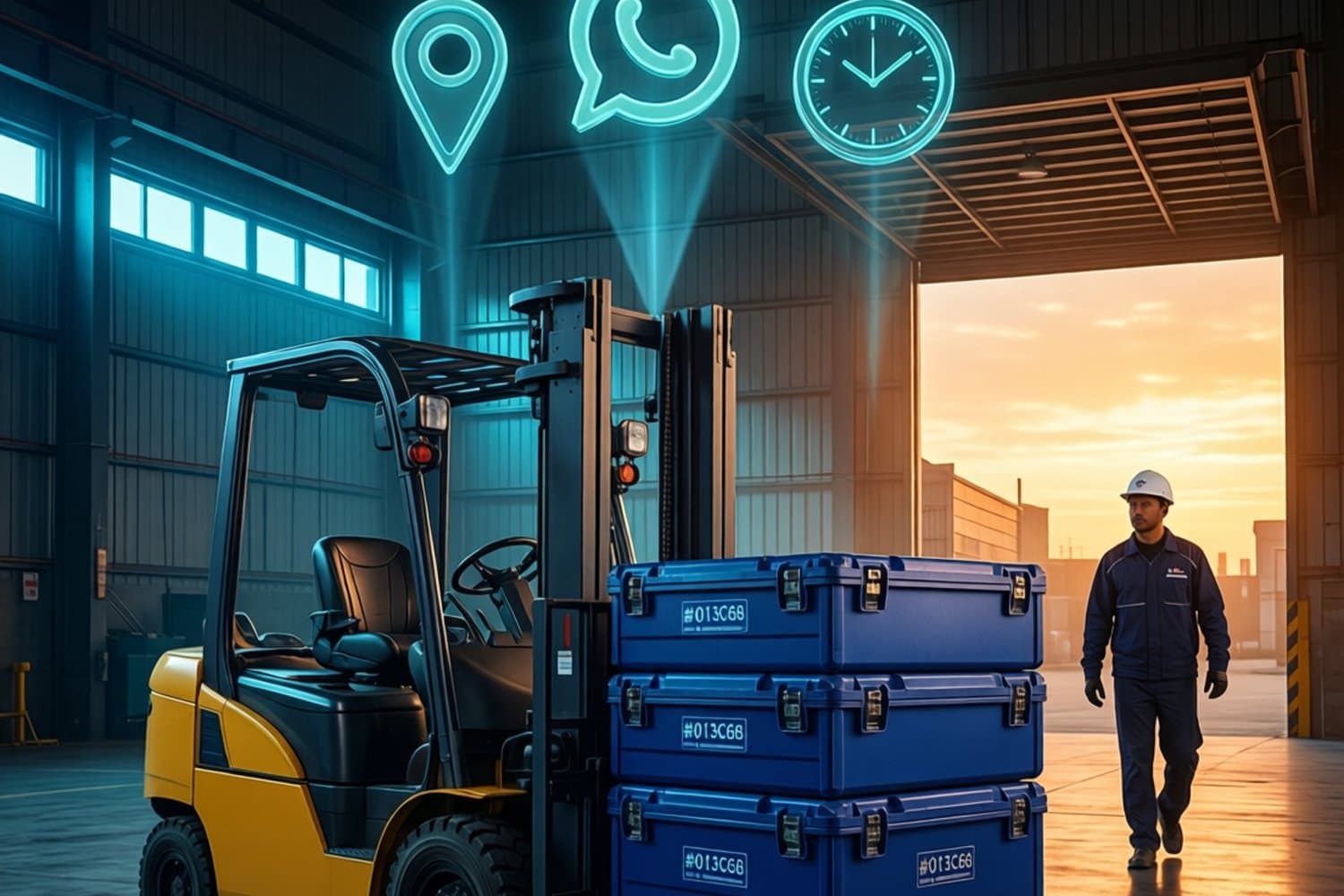 Zona de carga RTK con grúa horquilla y cajas de equipos