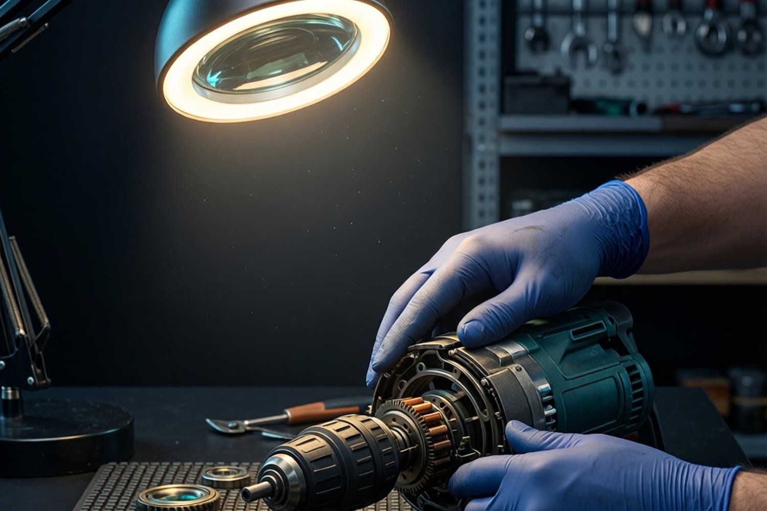 Técnico autorizado RTK desarmando rotomartillo con guantes profesionales